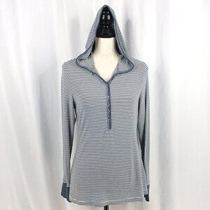 Aventura Hoodie Top Womens Medium Slate Blue Striped Jersey Knit Henley Bamboo